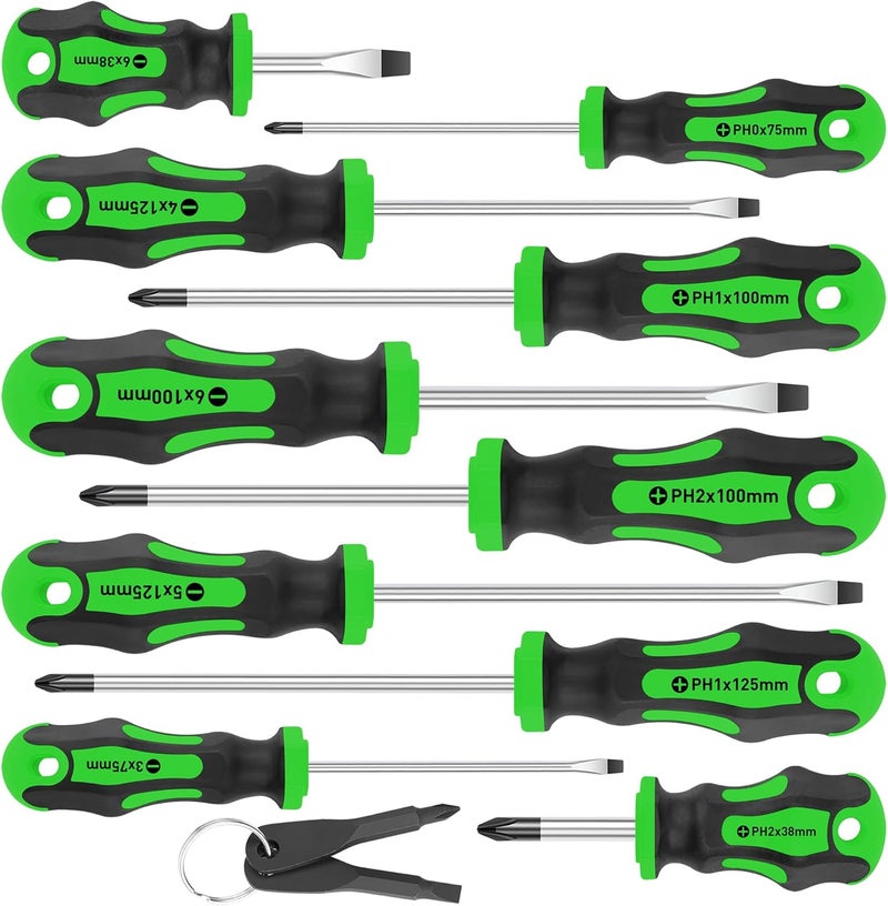 Amartisan 10-Piece Magnetic Screwdrivers Set, 5 Phillips and 5 Slotted Tips Professional Cushion Grip Screwdriver Set 2pcs Portable Multifunction Key Mini Screwdriver (Green) - Image 1