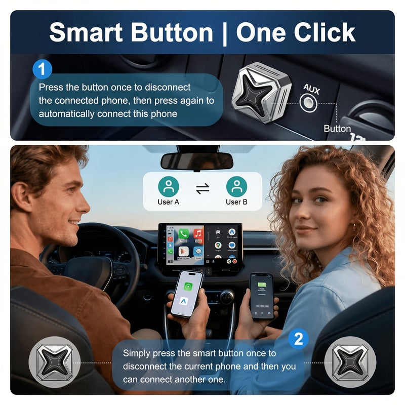2 in 1 Wireless CarPlay Adapter Smart Button Dark Silvery Dual Band Wi-Fi Plug and Play - Image 3