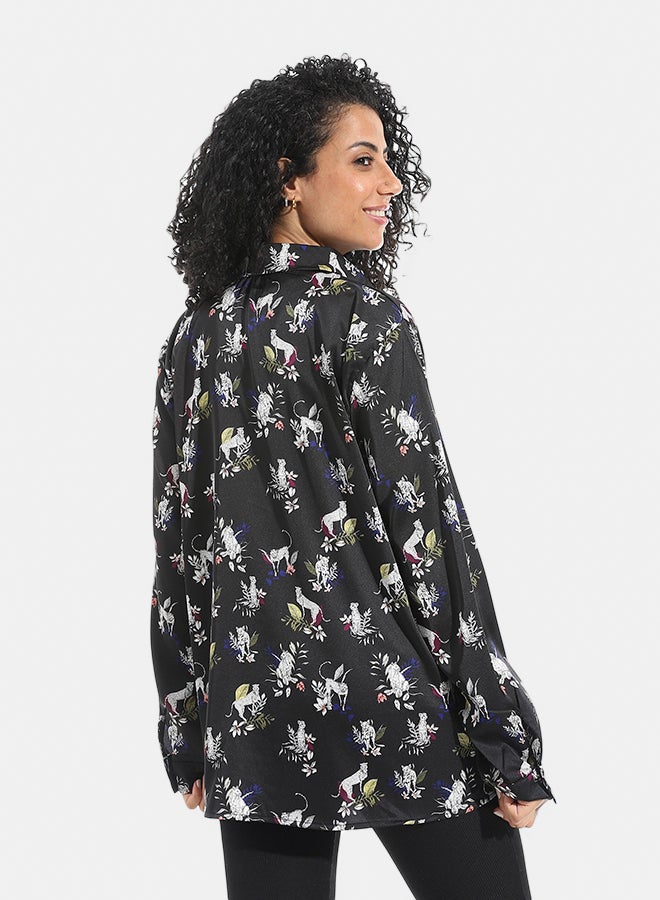 Andora Tiger Shaped Self Patteren Satin Long Sleeves Turned Down Collar Shirt _ Black - Image 4