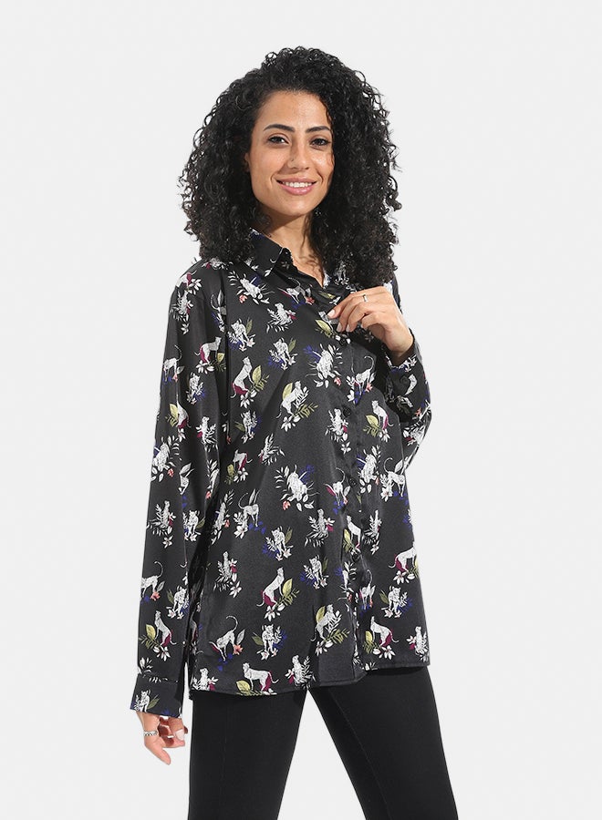 Andora Tiger Shaped Self Patteren Satin Long Sleeves Turned Down Collar Shirt _ Black - Image 2