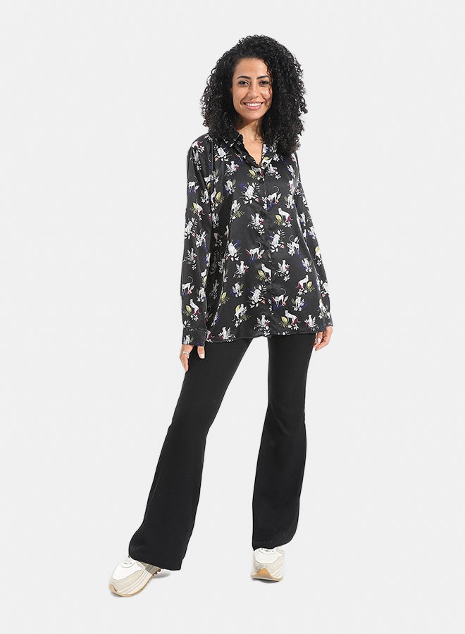 Andora Tiger Shaped Self Patteren Satin Long Sleeves Turned Down Collar Shirt _ Black - Image 5