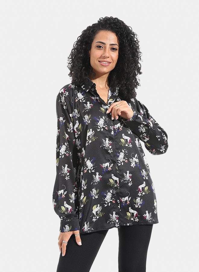 Andora Tiger Shaped Self Patteren Satin Long Sleeves Turned Down Collar Shirt _ Black - Image 1