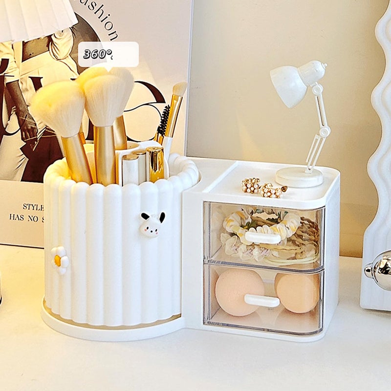 STORICANS Makeup Organizer Countertop360 Rotating Makeup Brush Holder with 2 Drawer Organizer Small Preppy Kids Desk Organizer925x511inchWhite