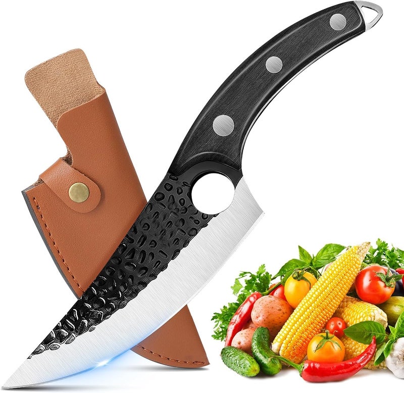 zeng Butcher Knife Hand Forged Boning Knife with Sheath Viking Style, High Carbon Steel Japanese Chef Knife Meat Cleaver Knife for Kitchen, Camping, Outdoor, BBQ - Image 1