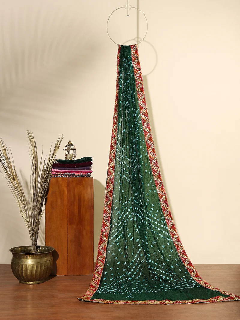 Globus Women Green Bandhani Print Silk Gotta Patti Border Festive Dupatta