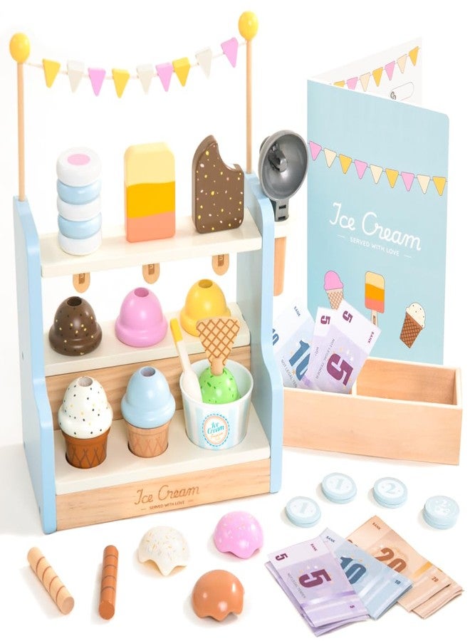 UMU® Wooden Ice Cream Shop Playset for Kids - 37 Piece Ice Cream Stand Pretend Play Toy with Menu, Play Money, Scoops & Accessories, Toy Food Set for Ages 3 4 5 6 - Image 1