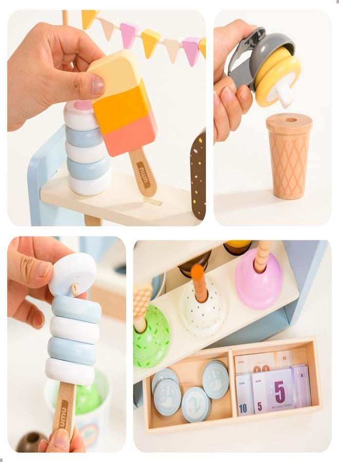UMU® Wooden Ice Cream Shop Playset for Kids - 37 Piece Ice Cream Stand Pretend Play Toy with Menu, Play Money, Scoops & Accessories, Toy Food Set for Ages 3 4 5 6 - Image 4