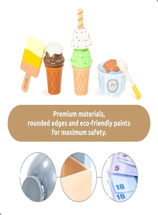 UMU® Wooden Ice Cream Shop Playset for Kids - 37 Piece Ice Cream Stand Pretend Play Toy with Menu, Play Money, Scoops & Accessories, Toy Food Set for Ages 3 4 5 6 - Image 2