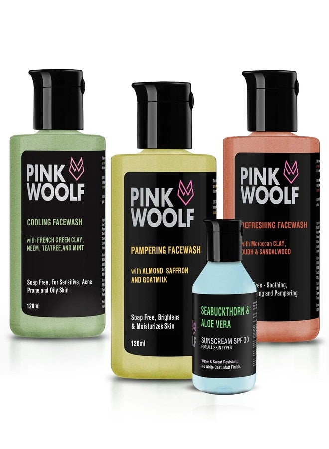 PINK WOOLF Men’s Skincare Routine Kit with 3 Face Washes for Deep Cleansing Oil Control & SPF 30 Sunscreen for Daily Sun Protection - All Skin Types (Pack of 4) - Image 1