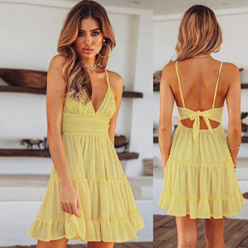 ECOWISH Summer Dresses for Women 2025 V-Neck Spaghetti Strap Bowknot Backless Sleeveless Lace Mini Swing Skater Dress Yellow Small - Image 2