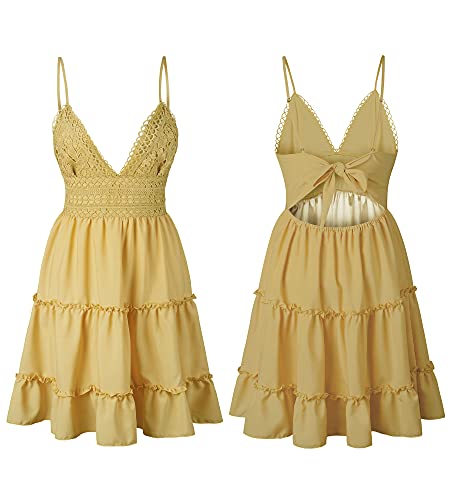 ECOWISH Summer Dresses for Women 2025 V-Neck Spaghetti Strap Bowknot Backless Sleeveless Lace Mini Swing Skater Dress Yellow Small - Image 5