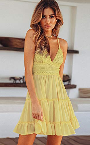 ECOWISH Summer Dresses for Women 2025 V-Neck Spaghetti Strap Bowknot Backless Sleeveless Lace Mini Swing Skater Dress Yellow Small - Image 3