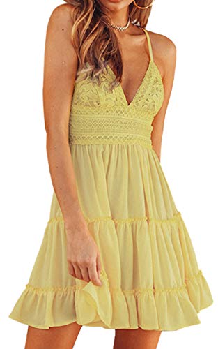 ECOWISH Summer Dresses for Women 2025 V-Neck Spaghetti Strap Bowknot Backless Sleeveless Lace Mini Swing Skater Dress Yellow Small - Image 1