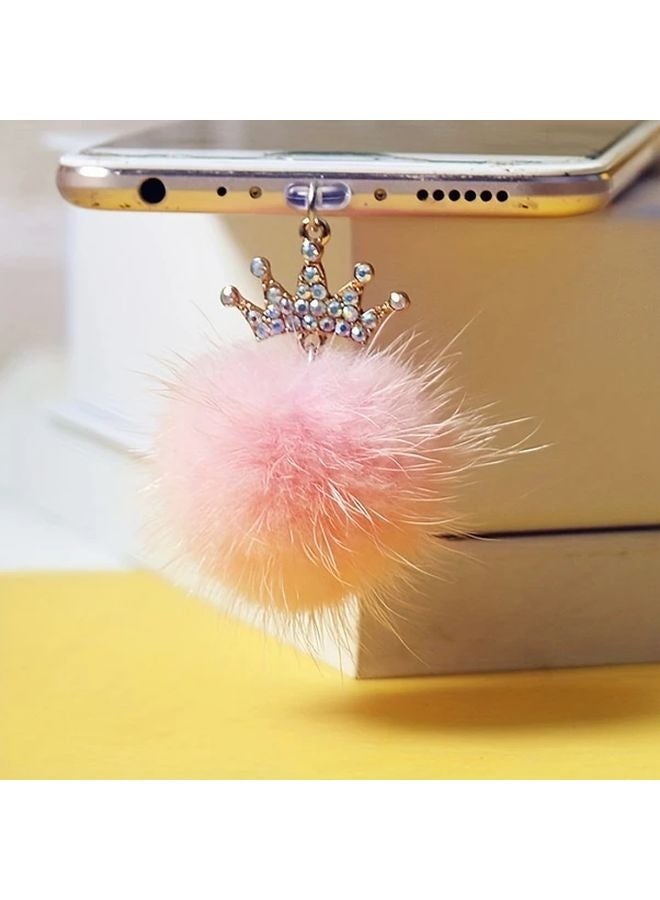 Black Android Phone Dust Plug Crown Fluffy Ball Design Universal Charging Port Headphone Jack Cover - Image 2