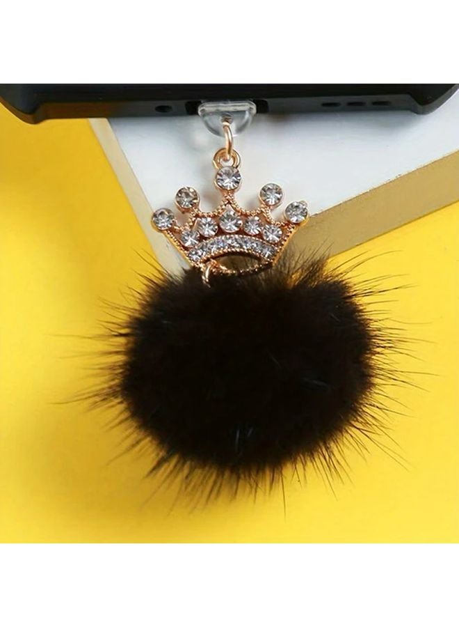 Black Android Phone Dust Plug Crown Fluffy Ball Design Universal Charging Port Headphone Jack Cover - Image 1