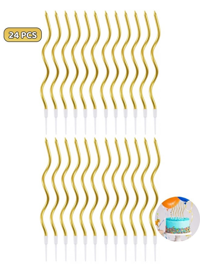 24 PCS Spiral Long Thin Birthday Candles, Twisted Curved Candle Cake Topper, hin Long Cake Candles with Holders for Wedding, Anniversary, Graduation & Party Table Decorations, Gold - Image 1