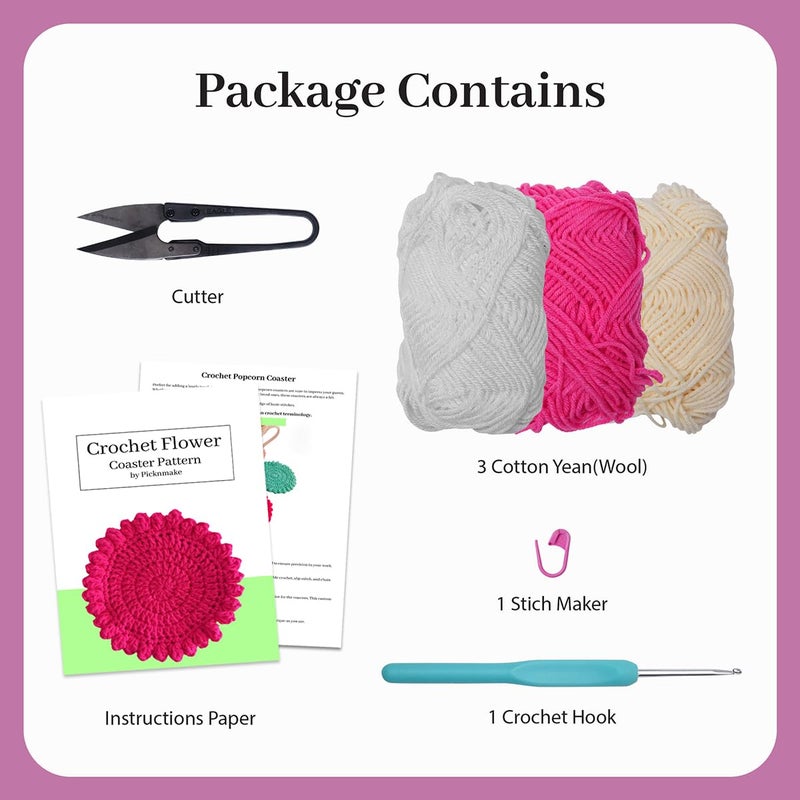 picknMAKE طقم 6 قطع من الدانتيل الكروشيه الزهري، طقم كروشيه للمبتدئين، طقم خيوط كروشيه كامل، طقم كروشيه زهور ملونة مزخرفة مع جميع المواد المضمنة - Image 2