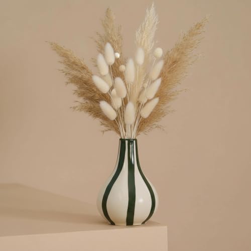 PUREZENTO Green & White Striped 'Tulip Bud' Ceramic Vase 6 Inch (Pack of 1) | Unique Modern Bud Vase for Dried Flowers & Pampas Grass | Vases for Modern Home Decor, Living Room & Office Decor Ideas - Image 1