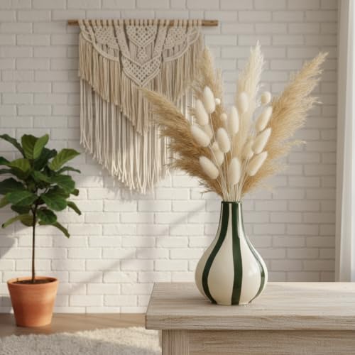 PUREZENTO Green & White Striped 'Tulip Bud' Ceramic Vase 6 Inch (Pack of 1) | Unique Modern Bud Vase for Dried Flowers & Pampas Grass | Vases for Modern Home Decor, Living Room & Office Decor Ideas - Image 3