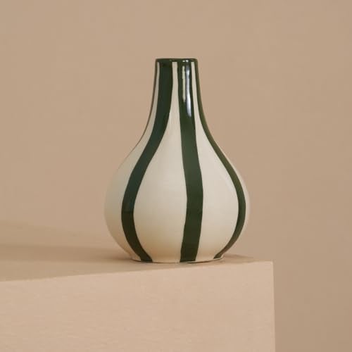 PUREZENTO Green & White Striped 'Tulip Bud' Ceramic Vase 6 Inch (Pack of 1) | Unique Modern Bud Vase for Dried Flowers & Pampas Grass | Vases for Modern Home Decor, Living Room & Office Decor Ideas - Image 5