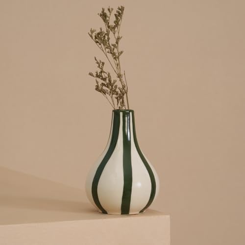 PUREZENTO Green & White Striped 'Tulip Bud' Ceramic Vase 6 Inch (Pack of 1) | Unique Modern Bud Vase for Dried Flowers & Pampas Grass | Vases for Modern Home Decor, Living Room & Office Decor Ideas - Image 2