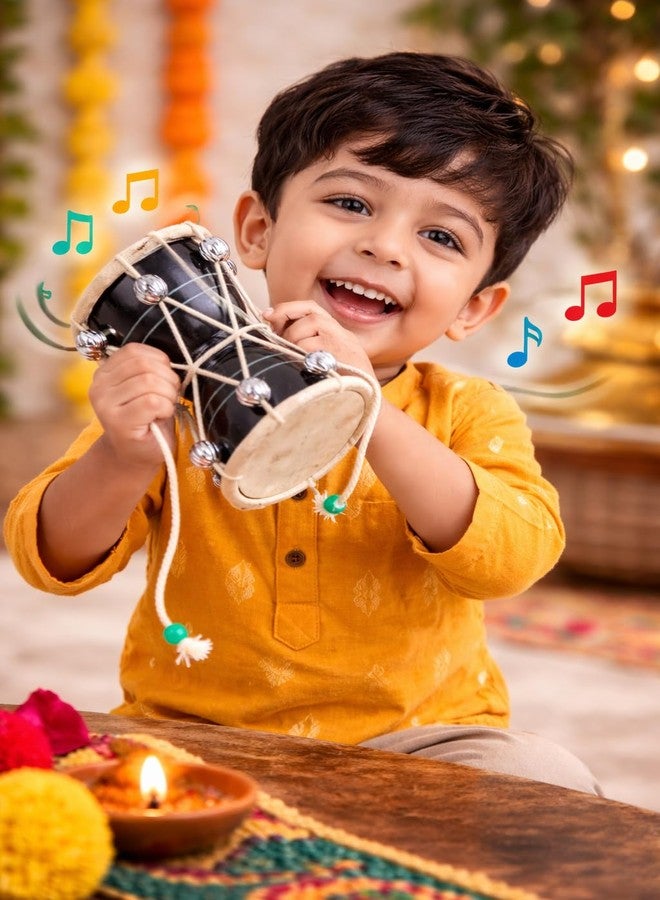 ITOS365 Handmade Wooden Damroo for Kids | Indian Damru Musical Instrument Toy | Small Hand Drum with Beads | Traditional Percussion Gift (Black, 5 Inch) - Image 4