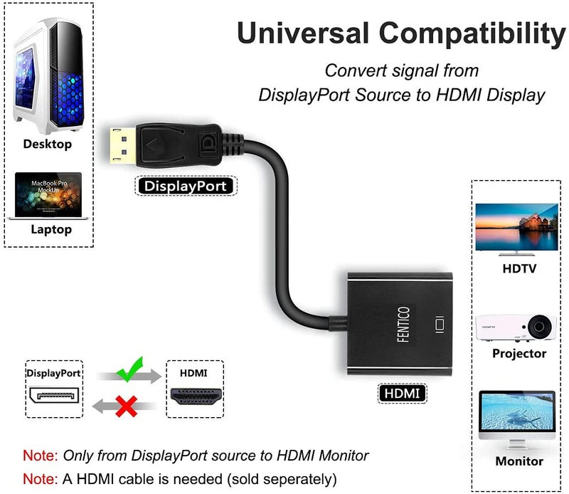 FENTICO DisplayPort to HDMI Adapter, Unidirectional DP to HDMI Adapter Converter Cable Support 1080P 3D for DisplayPort Enabled PC/Desktops/Laptops to Connect to Displays - Image 4
