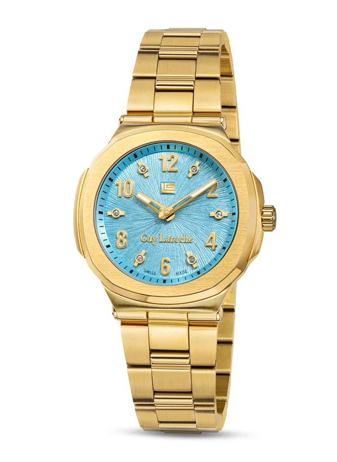 غاي لاروش Charlie 33mm Ladies Swiss Quartz Watch with Gamma Blue Swirl Sunray Dial, Gold Plated Stainless Steel Bracelet & Sapphire Glass