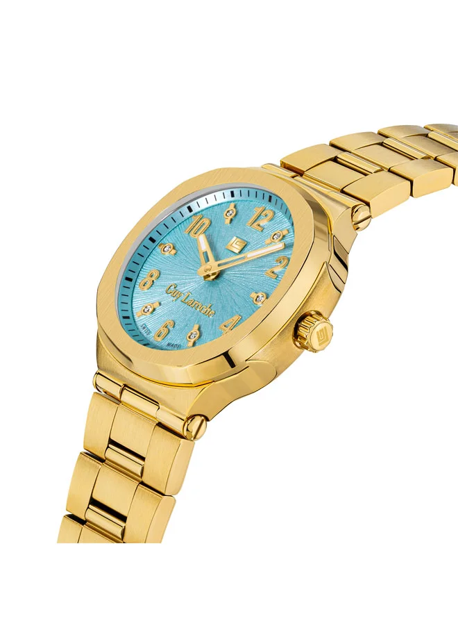 غاي لاروش Charlie 33mm Ladies Swiss Quartz Watch with Gamma Blue Swirl Sunray Dial, Gold Plated Stainless Steel Bracelet & Sapphire Glass