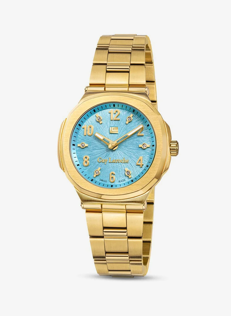Guy Laroche Charlie 33mm Ladies Swiss Quartz Watch with Gamma Blue Swirl Sunray Dial, Gold Plated Stainless Steel Bracelet & Sapphire Glass