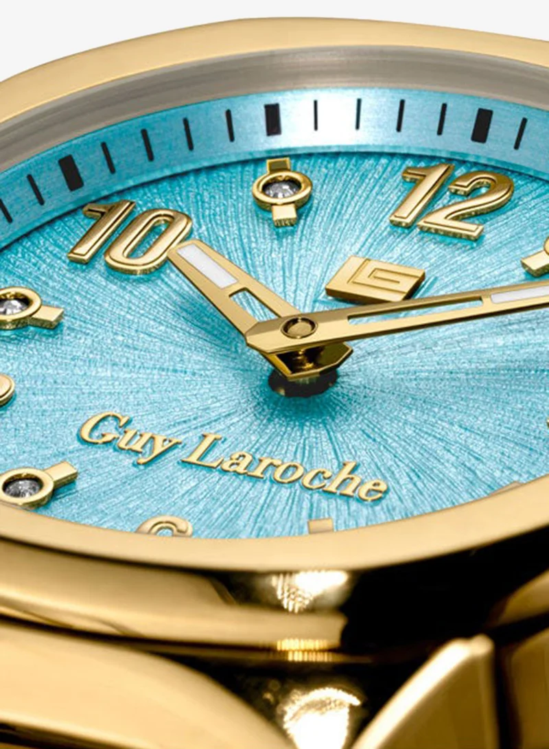 Guy Laroche Gold Plated Charlie 33mm Ladies Swiss Quartz Watch with Gamma Blue Swirl Sunray Dial, Gold Plated Stainless Steel Bracelet & Sapphire Glass for Women | Best Price UAE