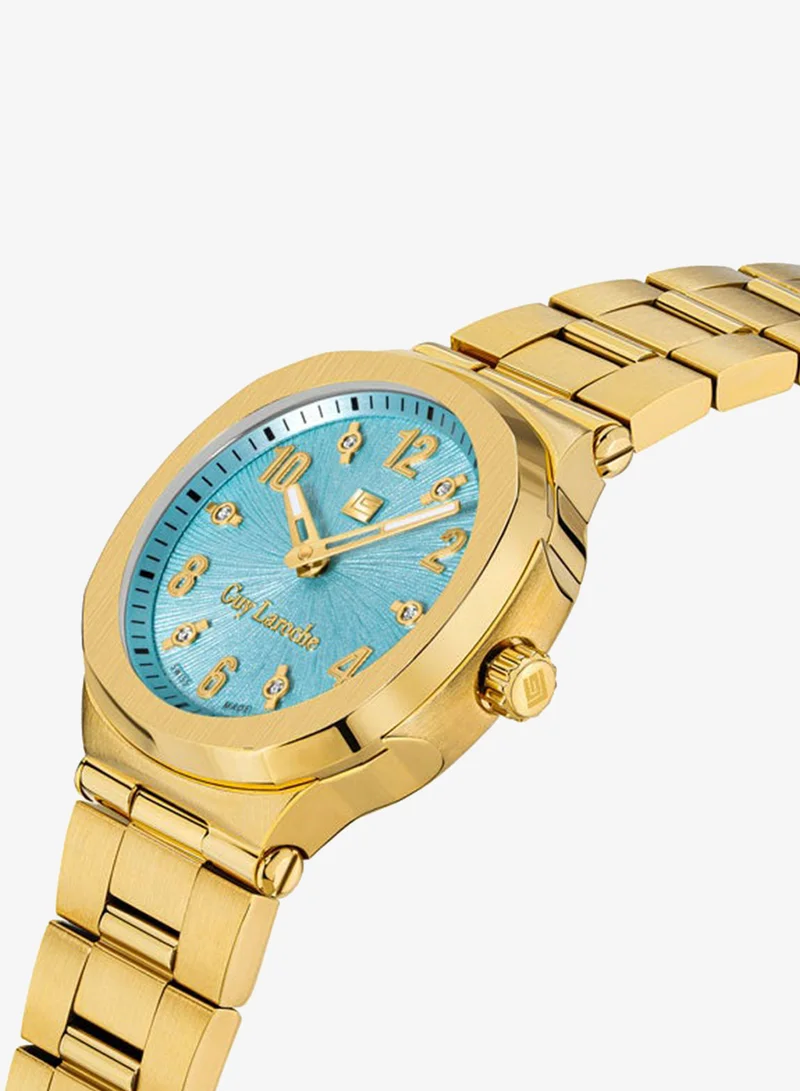 Guy Laroche Charlie 33mm Ladies Swiss Quartz Watch with Gamma Blue Swirl Sunray Dial, Gold Plated Stainless Steel Bracelet & Sapphire Glass