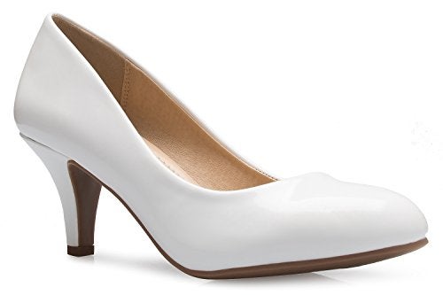 OLIVIA K Women's Comfort Classic Round Toe Kitten Low Mid Heel Dress Pumps, 7.5 B(M) US, White - Image 1
