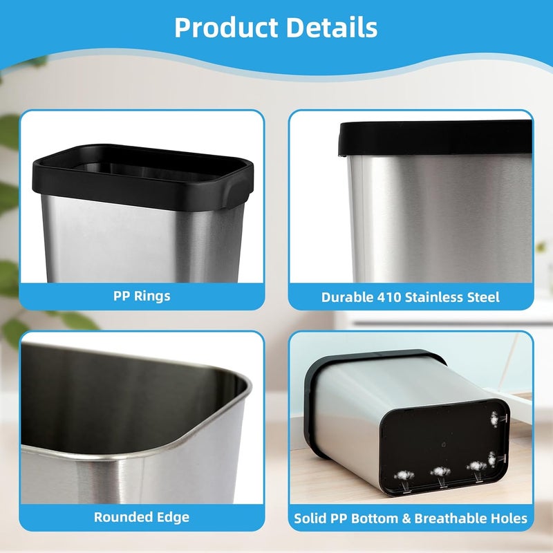 TooCust 3 Pack Stainless Steel Trash Can 2 Gallon, Open Top Trash Can, 7" x 10" x 11", Rectangle Rubbish Bin, Slim and Narrow, No Lid Small Wastebasketfor Kitchen, Bathroom, Living Room, Office - Image 5