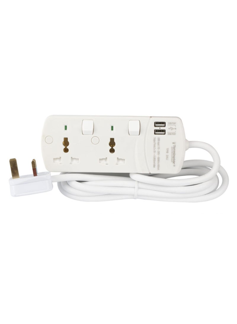 Terminator Extension 2G/3M + 2 USB TPB 2AU Universal Socket With Individual Switches & Indicators Terminator