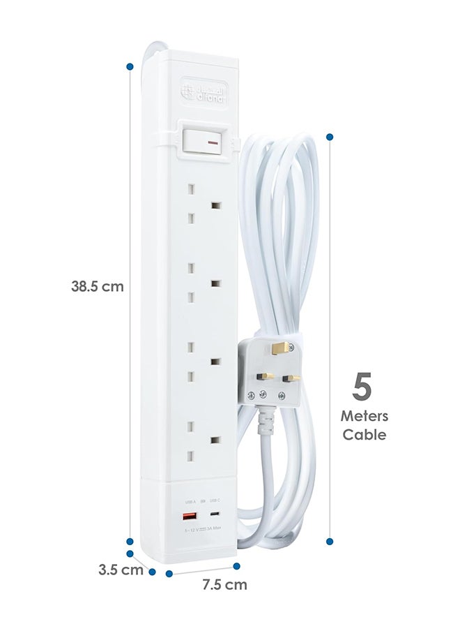 alfanar - Power Extension 4 Sockets, 2 Fast Charge USB Ports (Type "A" 18W And Type "C" 20W), 5 Meters Cables, 13A With Overload Protection Button - Image 1