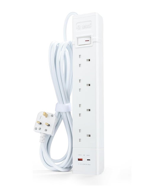 Power Extension 4 Sockets, 2 Fast Charge USB Ports (Type "A" 18W And Type "C" 20W), 5 Meters Cables, 13A With Overload Protection Button