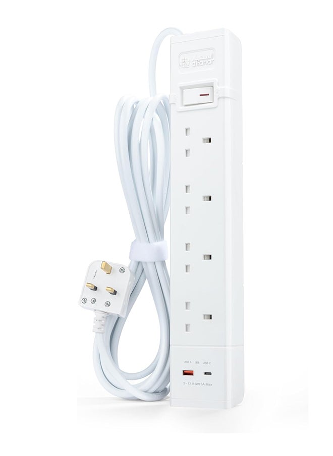 alfanar - Power Extension 4 Sockets, 2 Fast Charge USB Ports (Type "A" 18W And Type "C" 20W), 5 Meters Cables, 13A With Overload Protection Button - Image 1