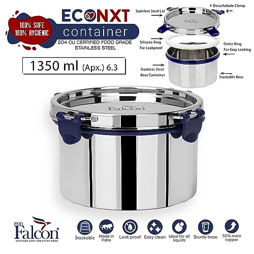 PDDFALCON EcoNxt Stainless Steel Lunch Box Set, Airtight Lid, Easy to Clean,100% Leakproof With BIS Certified, Jindal Seal & Made In India Perfect for Office, School, Set of 1 - Blue (1350ml-6.3) - Image 2
