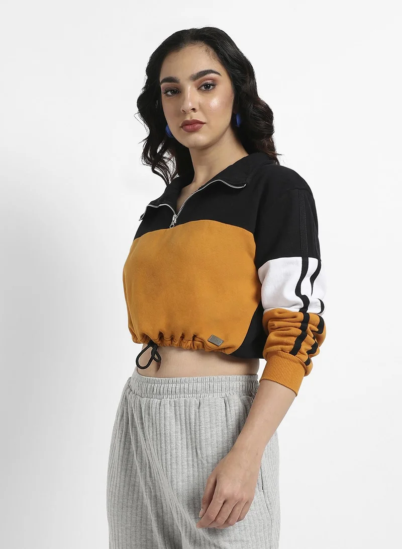 Pinacolada  Women's Multicolour Colourblock Cropped Sweatshirt With Tie-Up Waist for Women | Best Price UAE