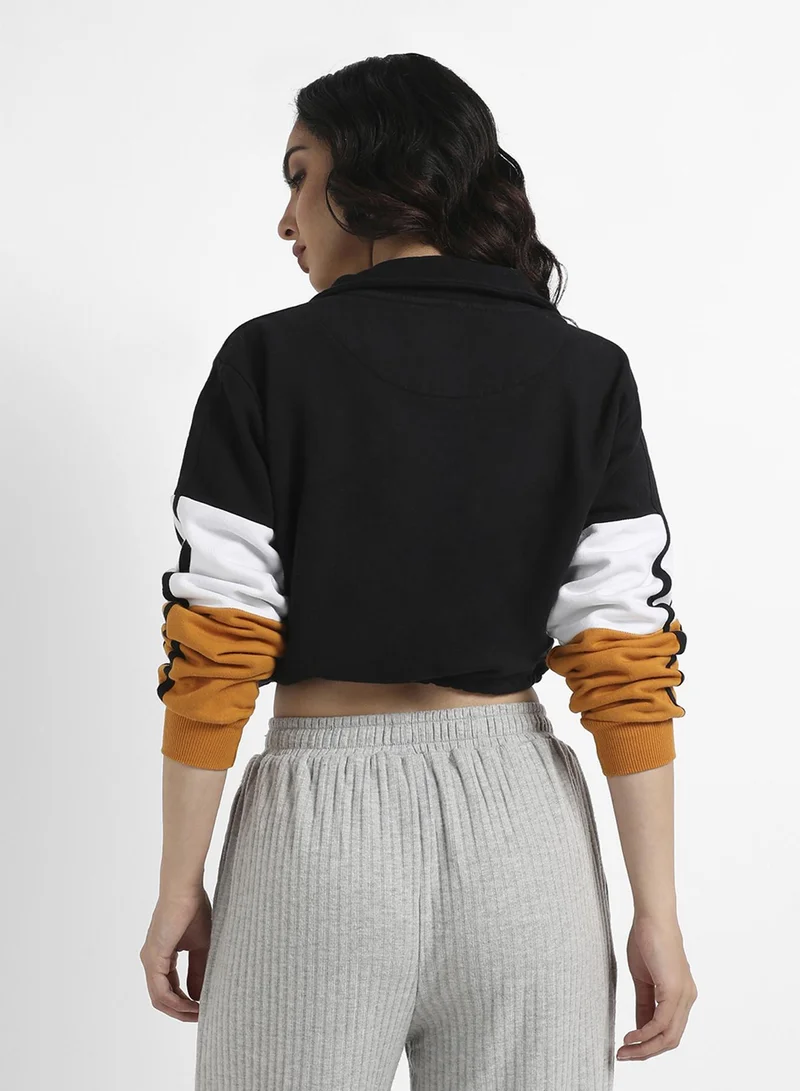 Pinacolada  Women's Multicolour Colourblock Cropped Sweatshirt With Tie-Up Waist for Women | Best Price UAE