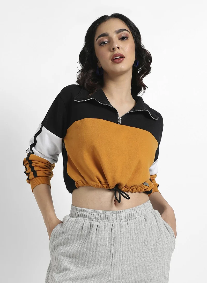 Campus Sutra Women's Multicolour Colourblock Cropped Sweatshirt With Tie-Up Waist