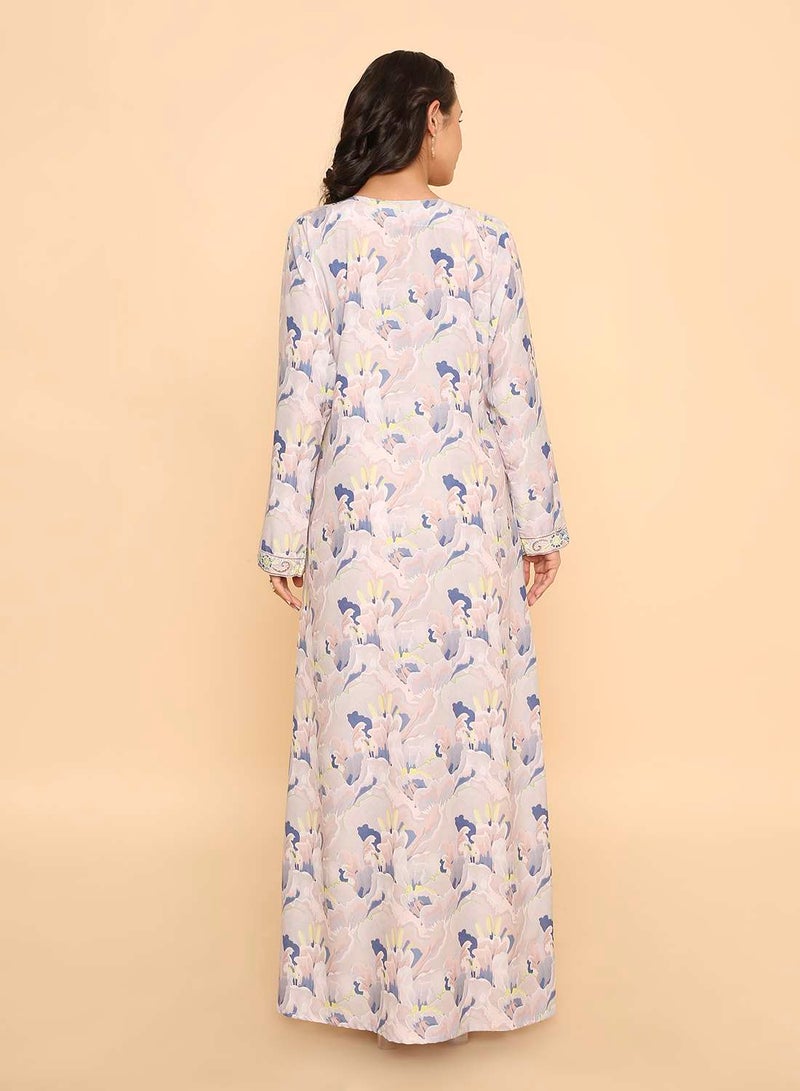 HANA & SARA Unique long elegant off white printed jalabiya dress - Image 2