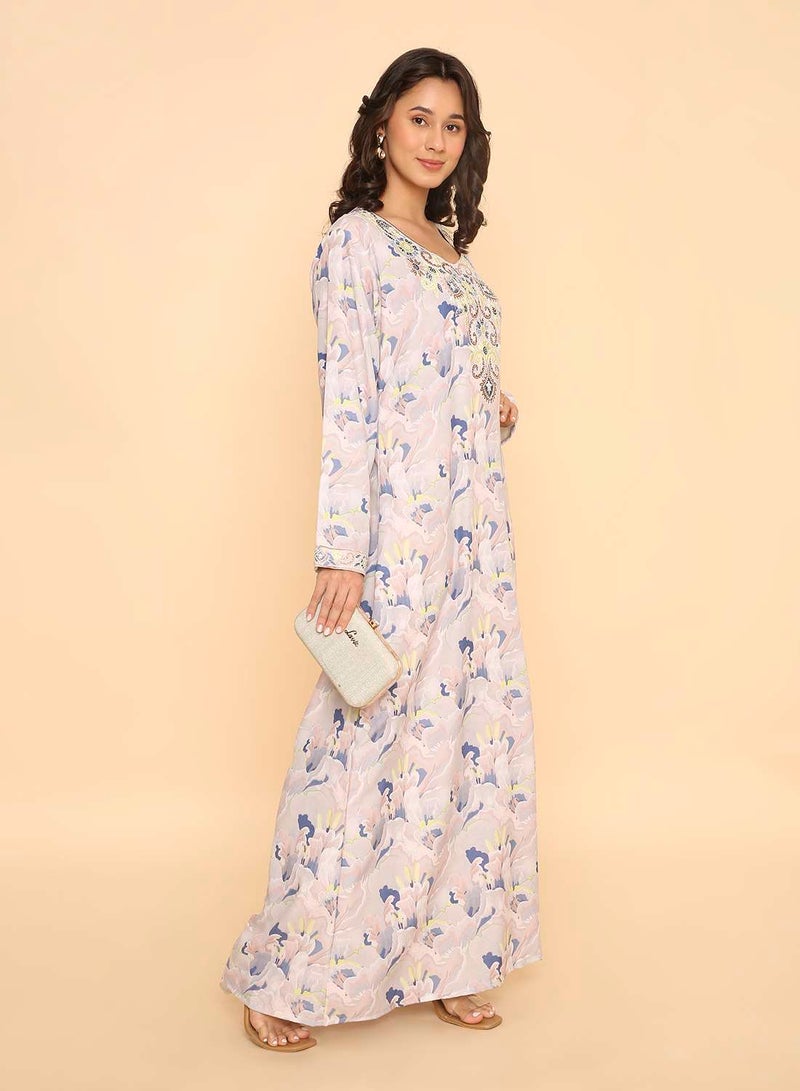 HANA & SARA Unique long elegant off white printed jalabiya dress - Image 4