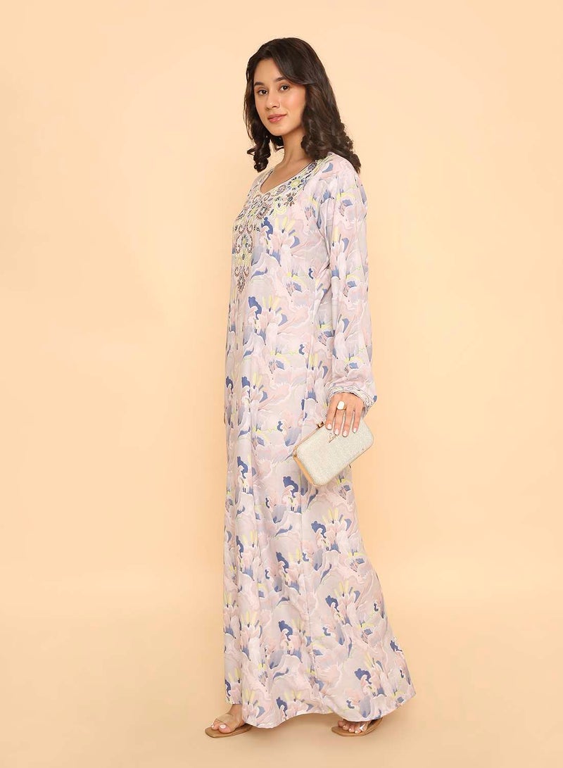 HANA & SARA Unique long elegant off white printed jalabiya dress - Image 5