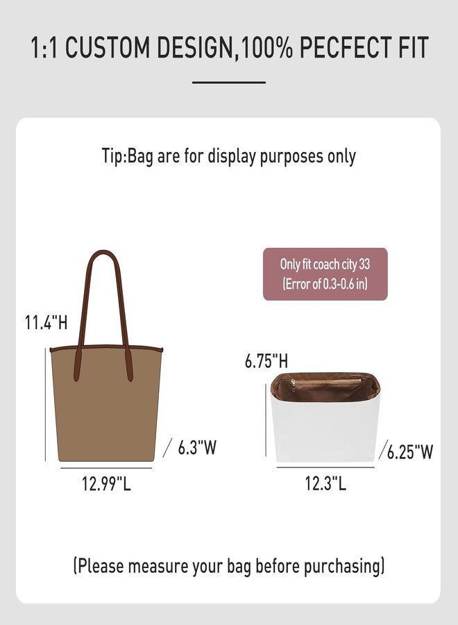 OAikor Purse Organizer Insert for Coach City Tote 33, Lightweight Dupont Paper Tote Bag Organizer Storage Dividers with Keychain, 9 Pockets Bag Insert with Cup Holder Zippered Section,White-Brown - Image 2