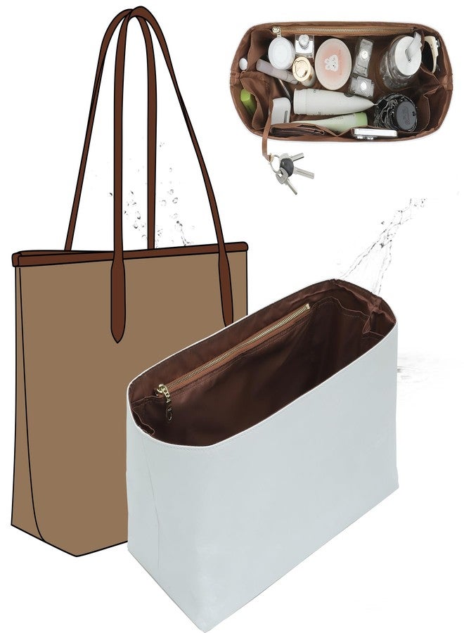 OAikor Purse Organizer Insert for Coach City Tote 33, Lightweight Dupont Paper Tote Bag Organizer Storage Dividers with Keychain, 9 Pockets Bag Insert with Cup Holder Zippered Section,White-Brown - Image 1