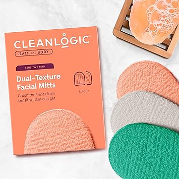 cleanlogic قفازات تنظيف الوجه مزدوجة القوام من كلين لوجيك لتقشير البشرة وإزالة المكياج تساعد على تنعيم البشرة قابلة لإعادة الاستخدام مزدوجة الجوانب لتقشير الوجه للبشرة الحساسة عبوة من 3 - Image 2