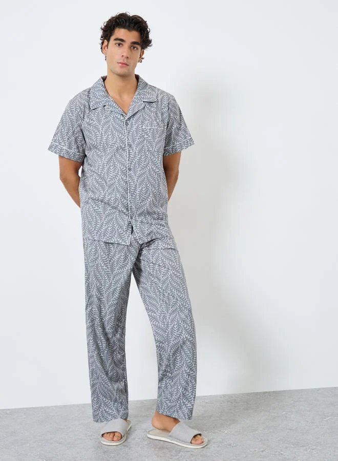 Men Leaf Print Relaxed Fit Shirt and Pyjama Set