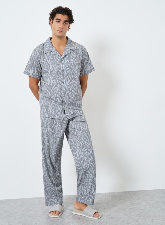 Styli Men Leaf Print Relaxed Fit Shirt and Pyjama Set - Image 1